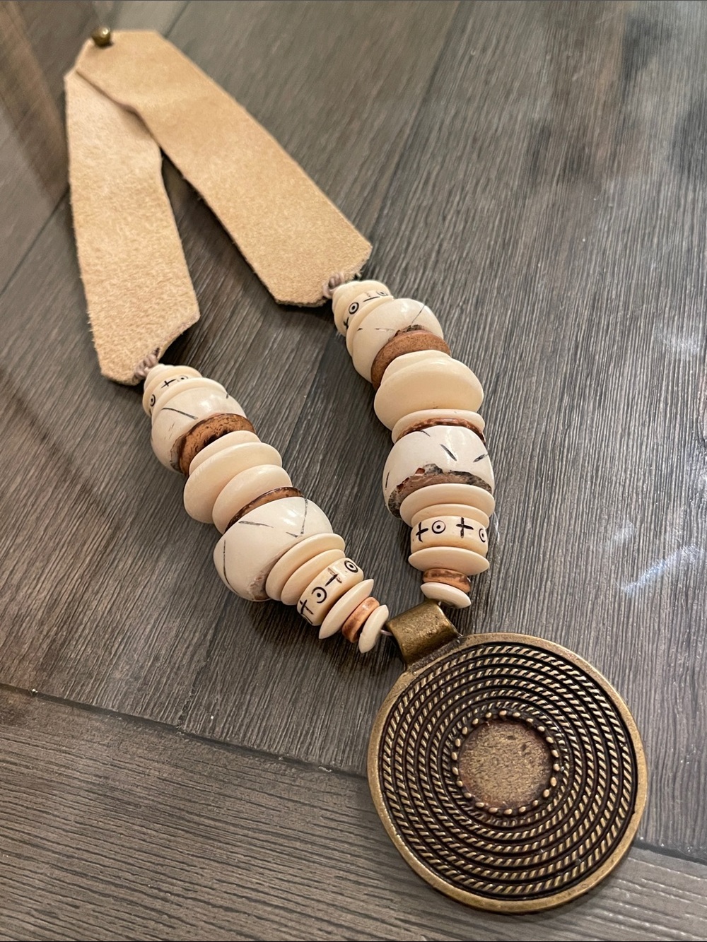 Artisan Handcrafted Suede Leather Etched Faux Bone Bead Brass Medallion Necklace